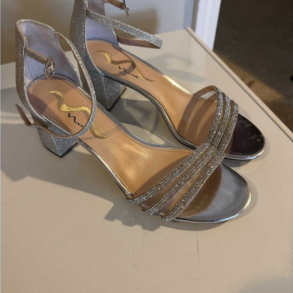 Nina Silver Strappy Block Heels